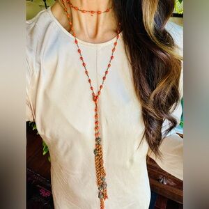 VTG 1920s Flapper Coral Bead Art Deco Boho Fairycore Gatsby Lariat Necklace